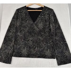 Citiknits Medium Faux Wrap Top Black Floral Print Womens Long Sleeve Blouse
